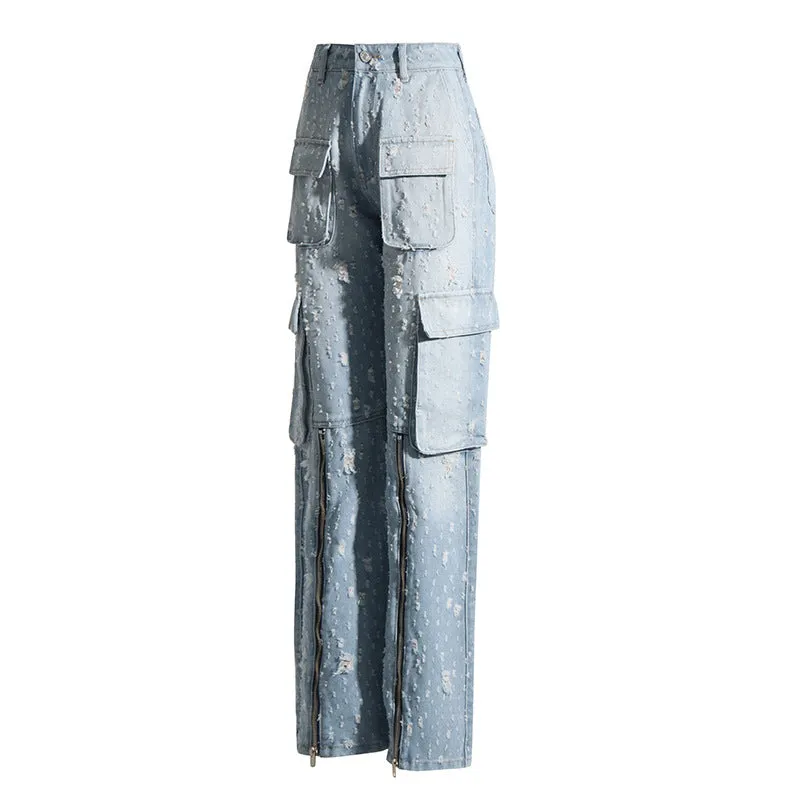 Pre Order:  Blue Ripped Distressed Multi-Pocket High Waist Long Jeans