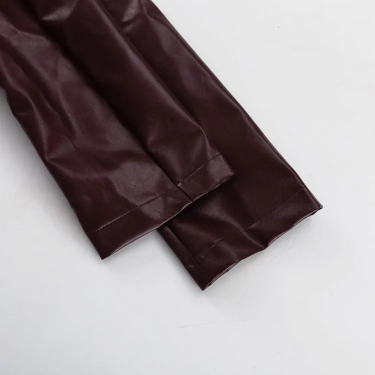 Pre Order: Vintage Burgundy Faux Leather Tie Waist Jacket   Pants Set