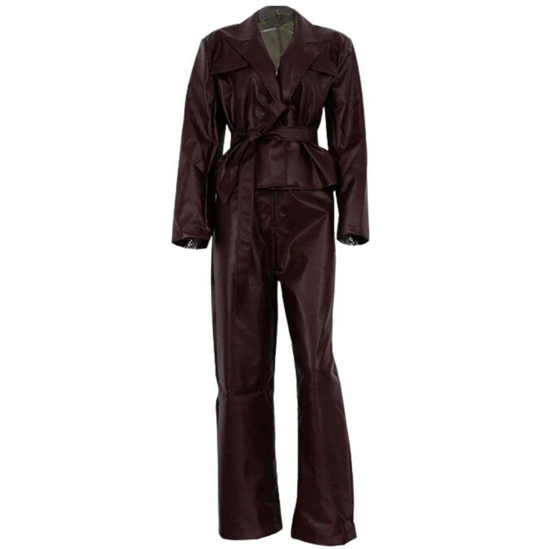 Pre Order: Vintage Burgundy Faux Leather Tie Waist Jacket   Pants Set