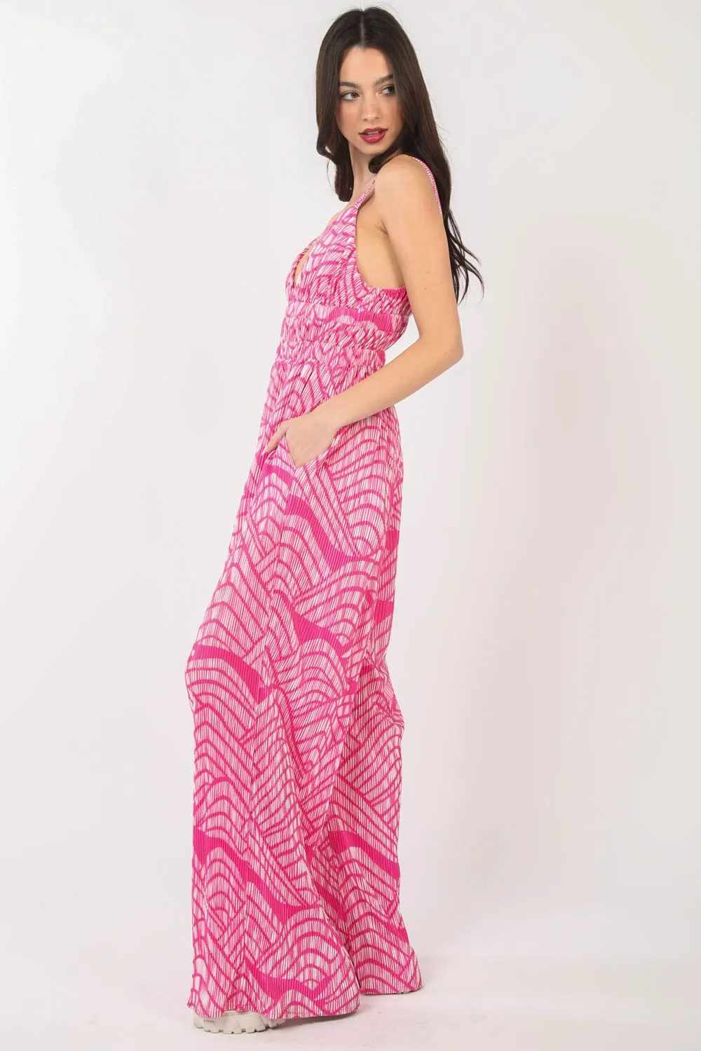 Printed Pleated Sleeveless Wide Leg Jumpsuit