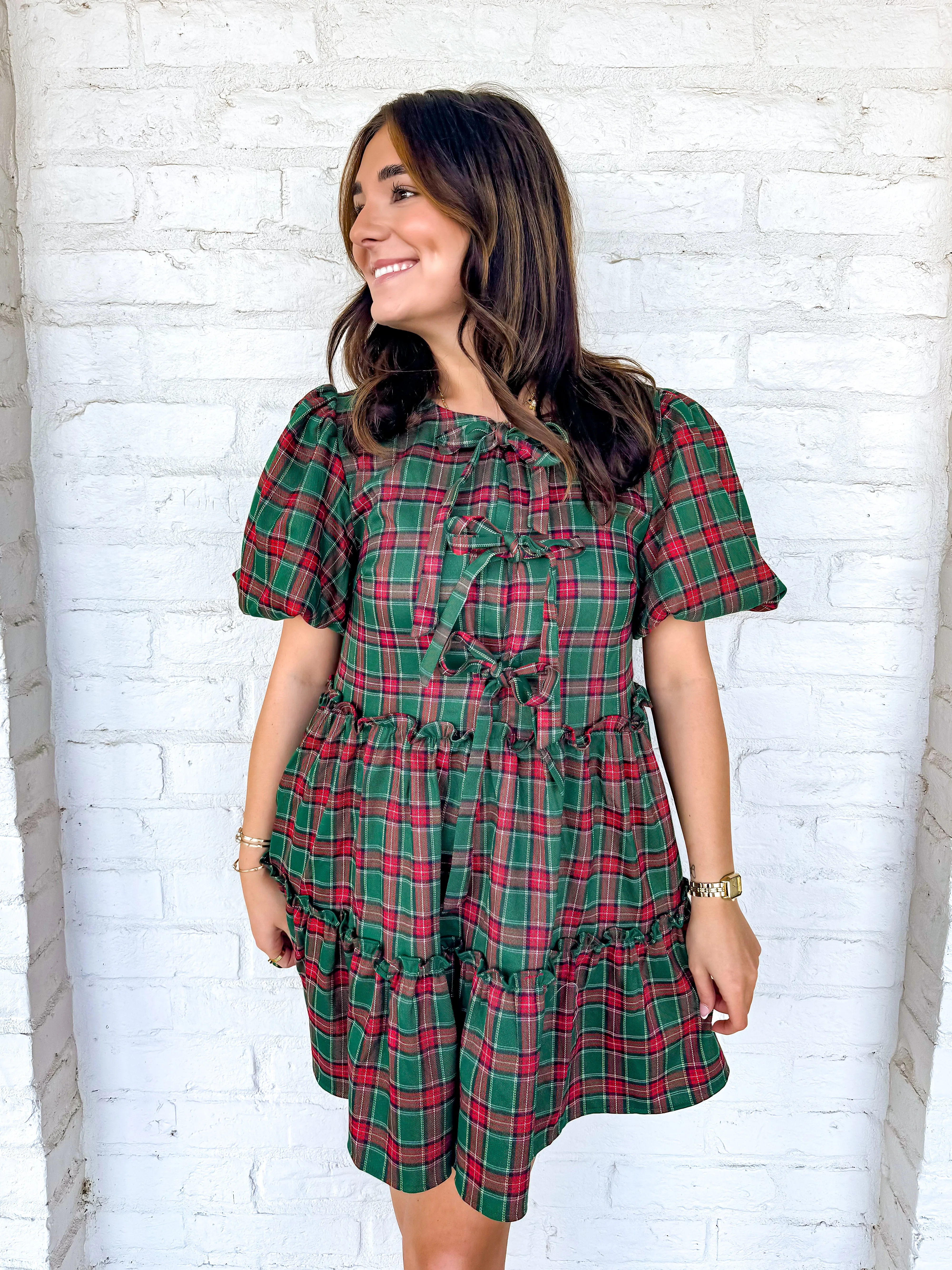 Queen Of Christmas Plaid Bow Dress Green