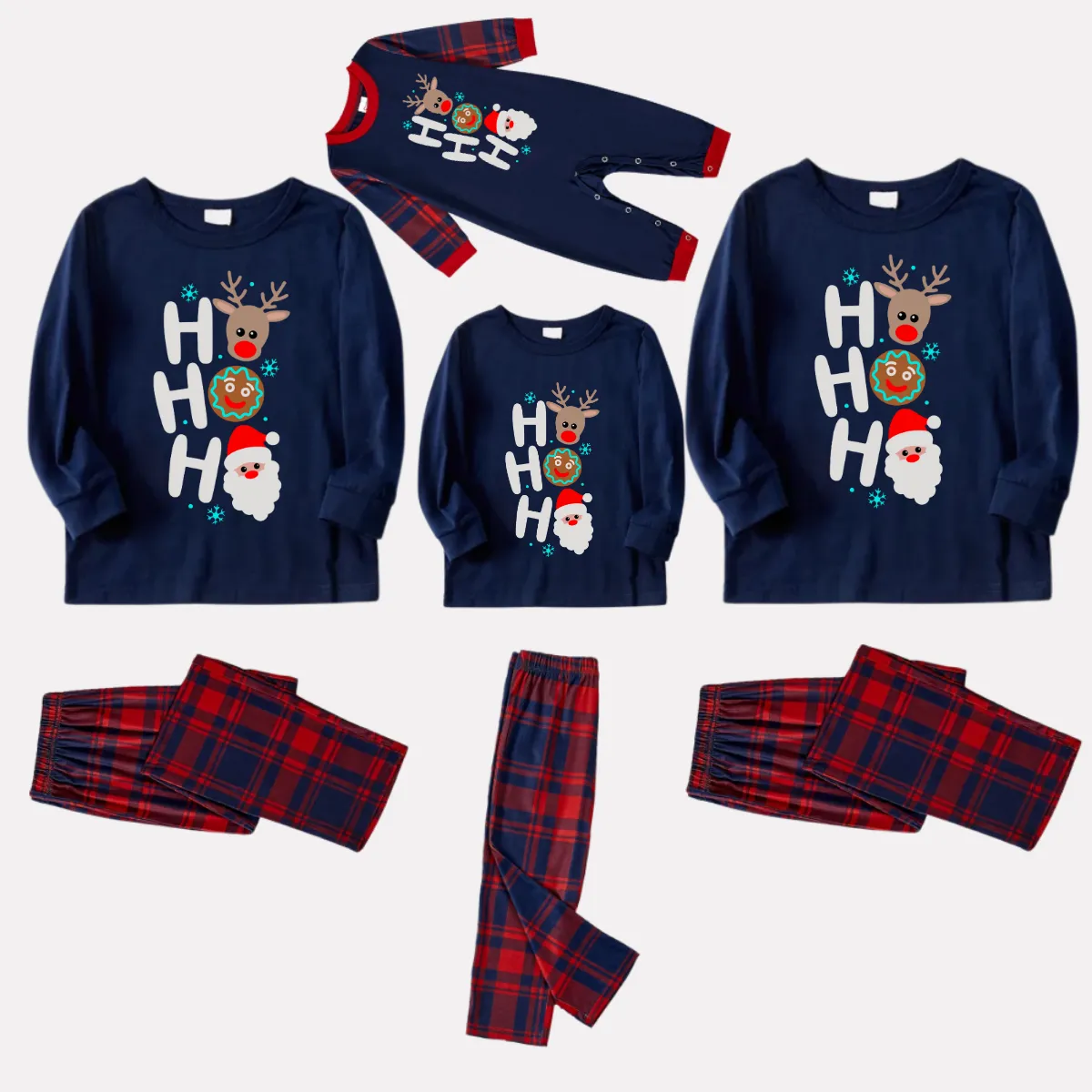 "HO HO HO" Letter Print Blue Long Sleeve Top with Red & Blue Plaid Christmas Family Matching Pajamas