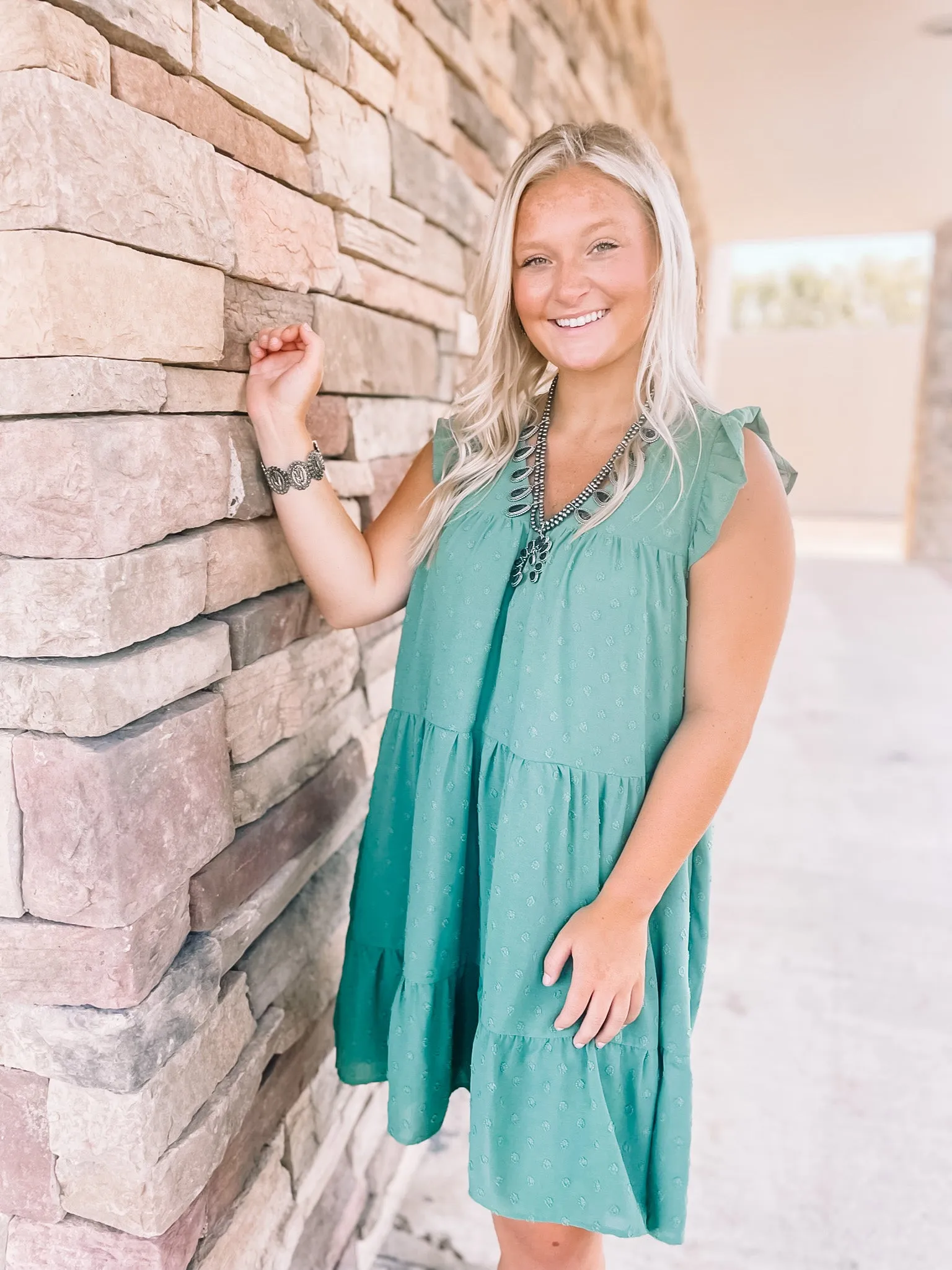 Real Romance Swiss Dot Tiered Dress with Ruffle Cap Sleeves in Olive Green