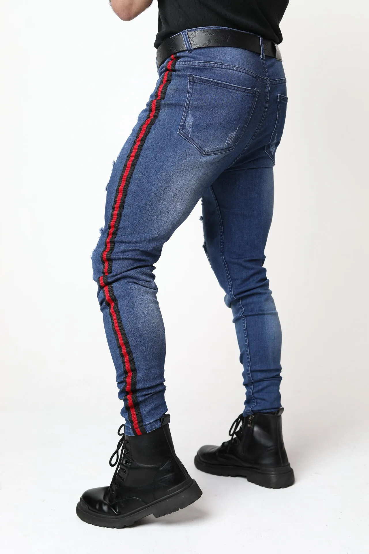 Red Striped Blue Skinny Fit Jeans