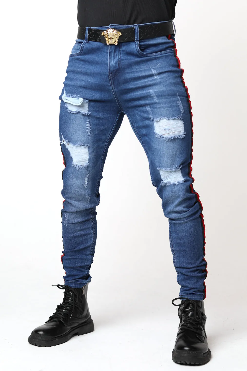 Red Striped Blue Skinny Fit Jeans