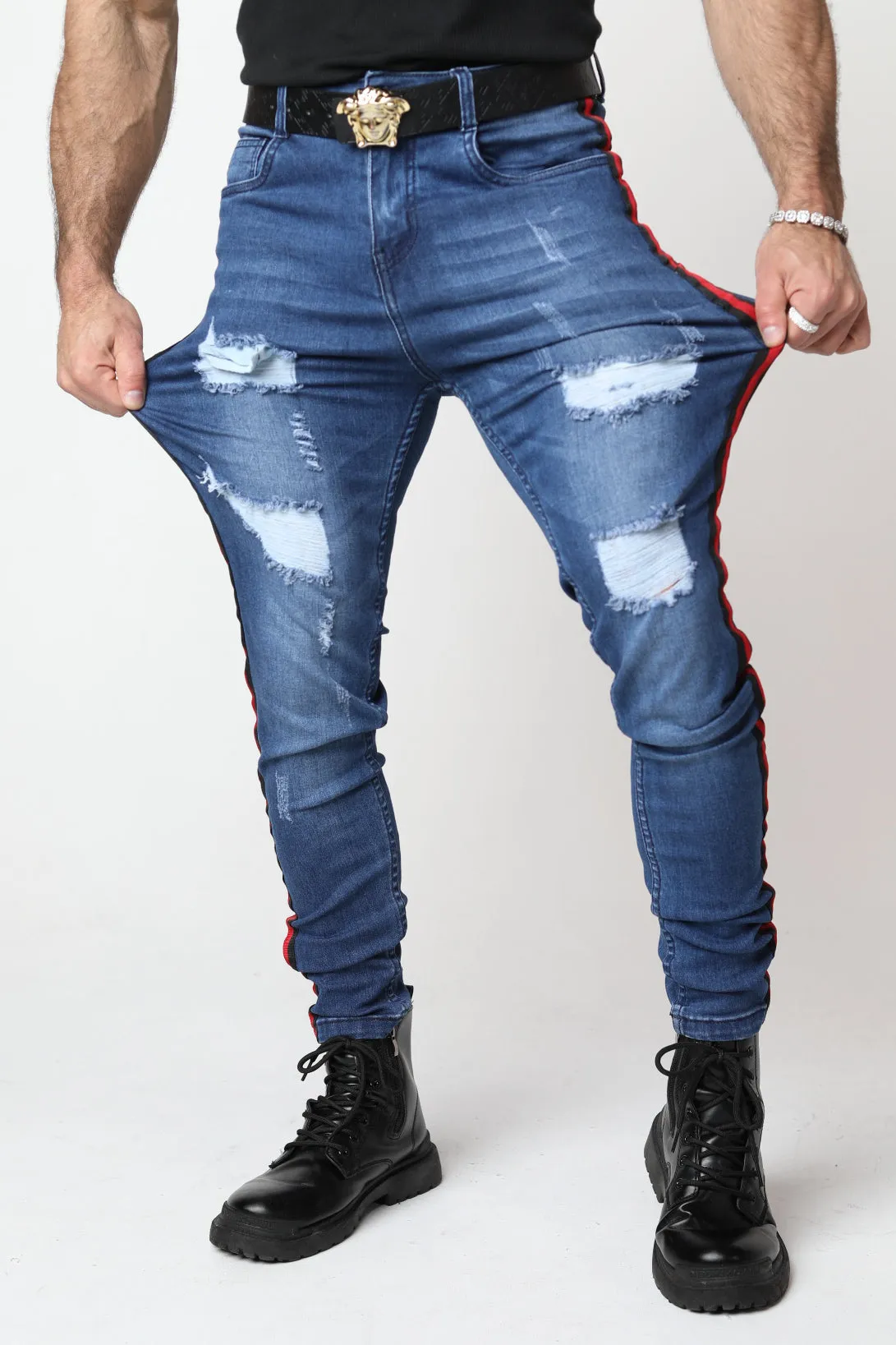 Red Striped Blue Skinny Fit Jeans