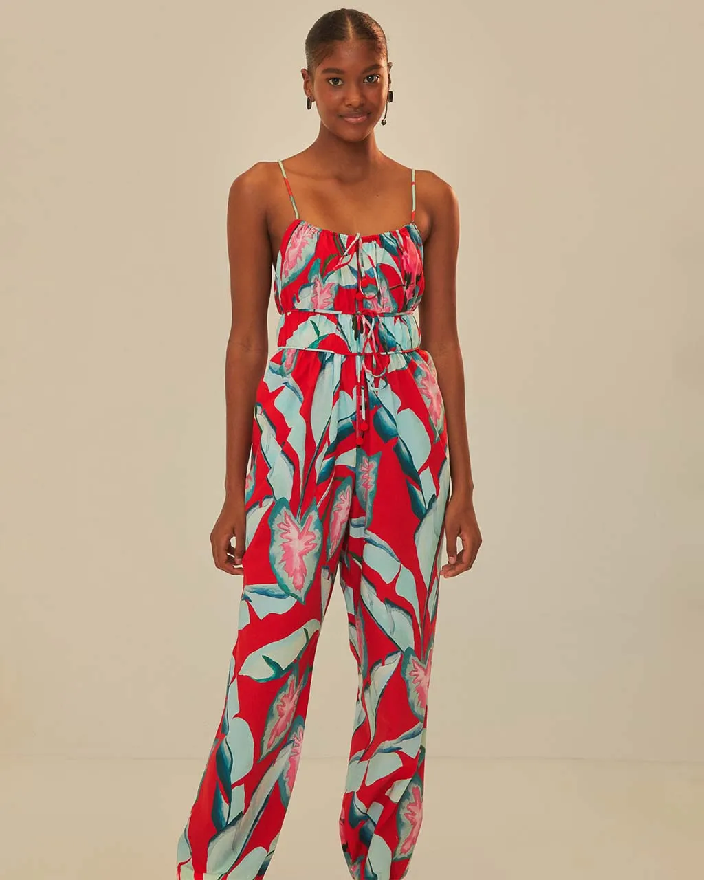 Red Summer Foliage Organic Cotton Jumpsuit