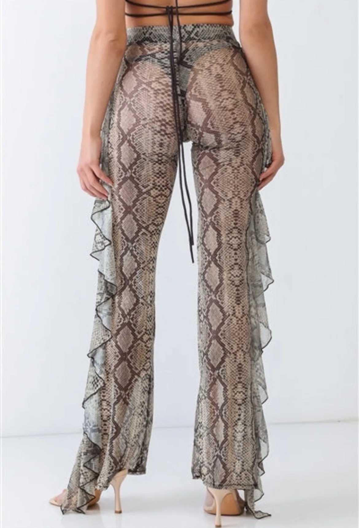 Reptile Snake Grey Sheer Mesh Sexy Ruffle High Waist Pants