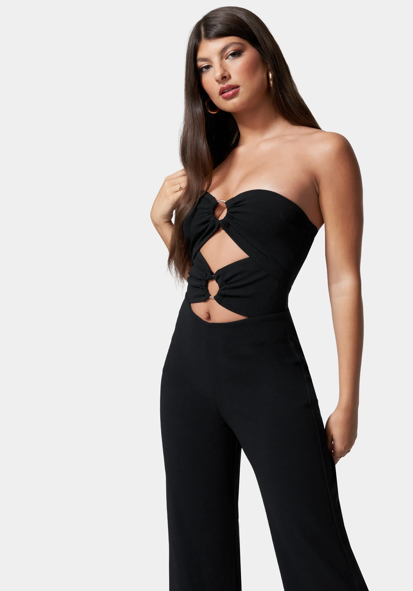 Ring Detail Wide Leg Knit Crepe With Satin Combo Jumpsuit