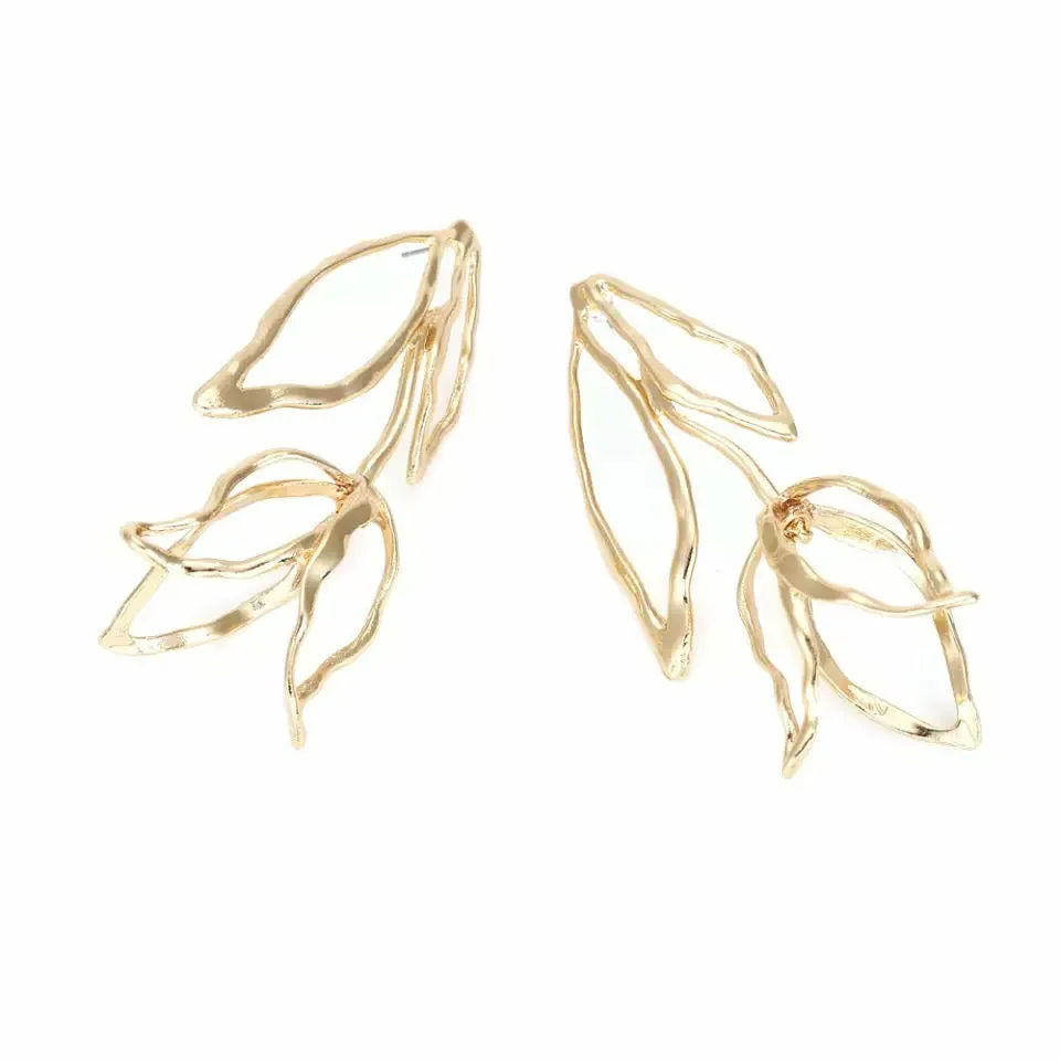 Rose Leaf Exaggerated Drop Gold Earrings