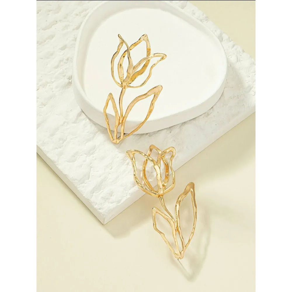 Rose Leaf Exaggerated Drop Gold Earrings