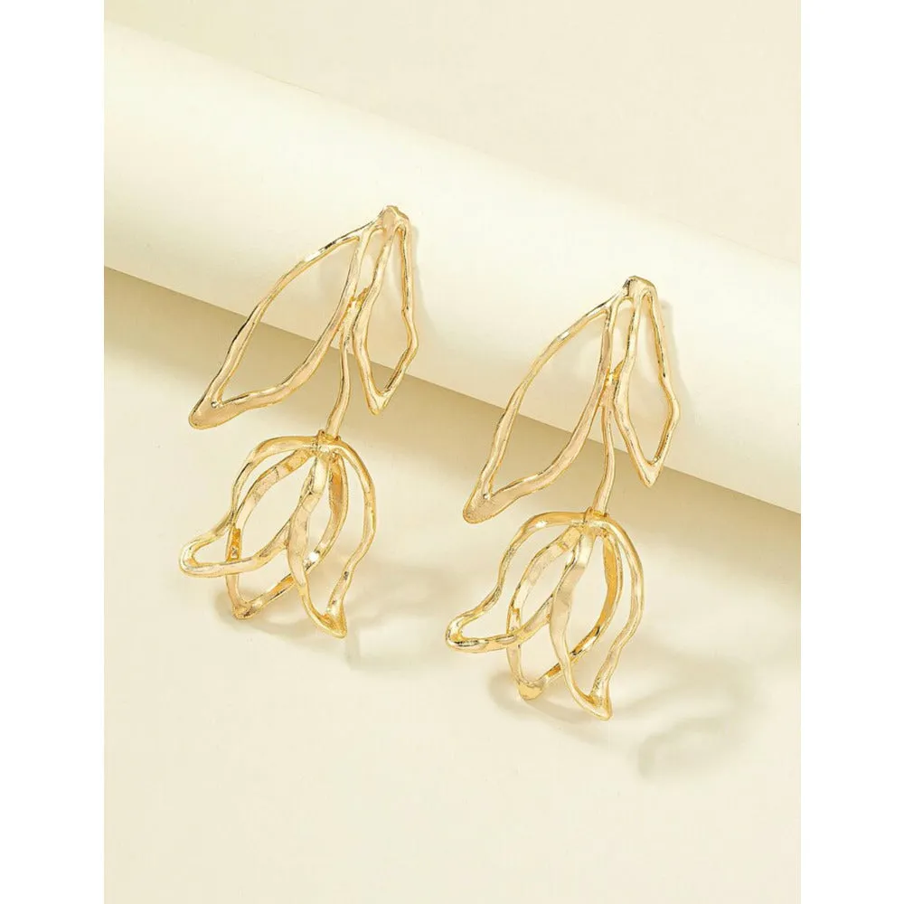 Rose Leaf Exaggerated Drop Gold Earrings