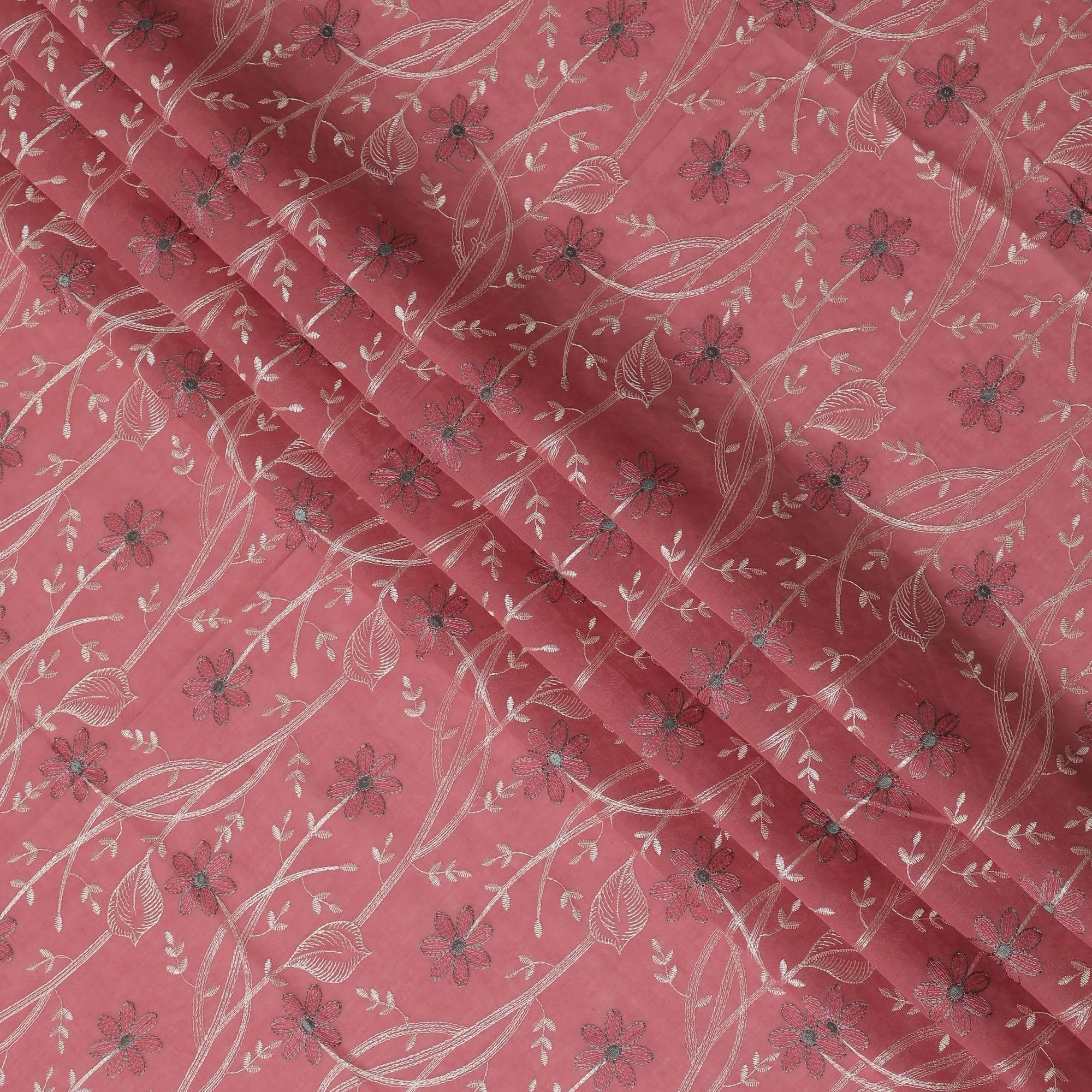 Rosewood Breeze Embroidered Cotton Lawn Fabric - Dusty Rose with Silver Floral Patterns, 110cm Width-D18755