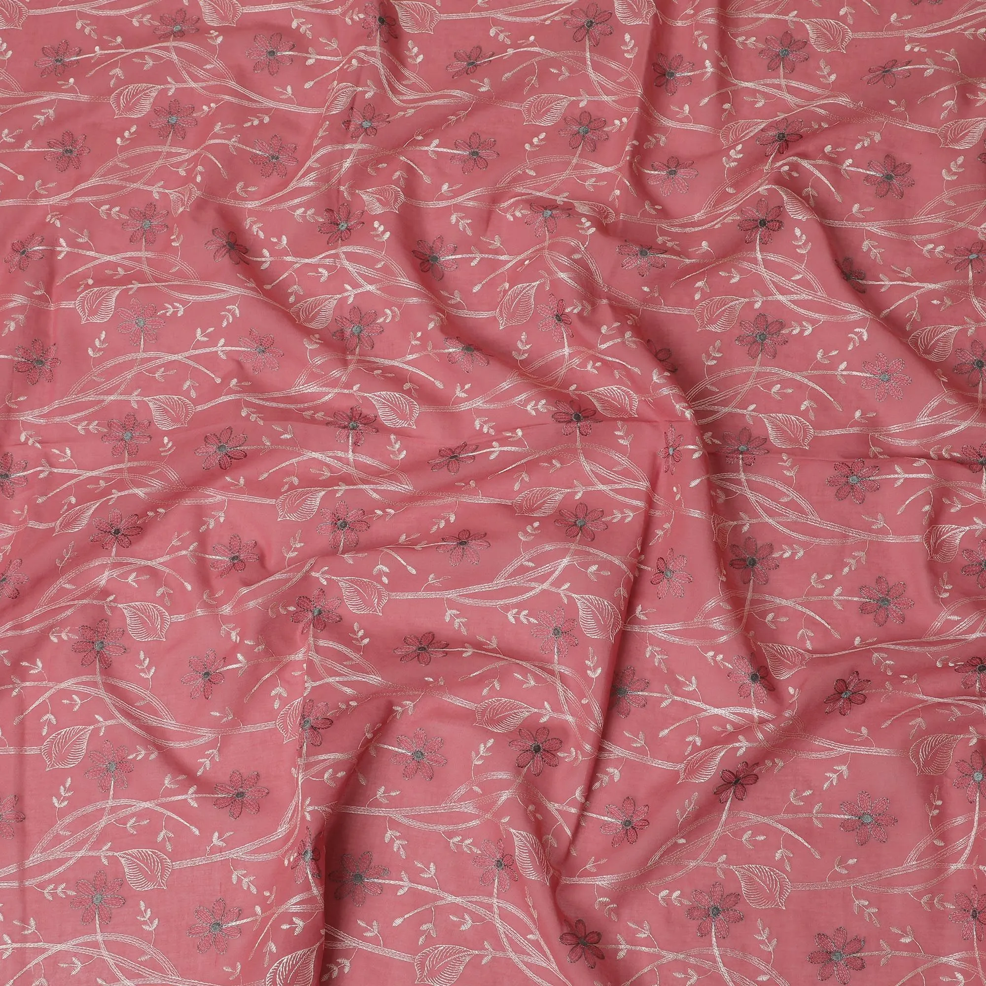 Rosewood Breeze Embroidered Cotton Lawn Fabric - Dusty Rose with Silver Floral Patterns, 110cm Width-D18755