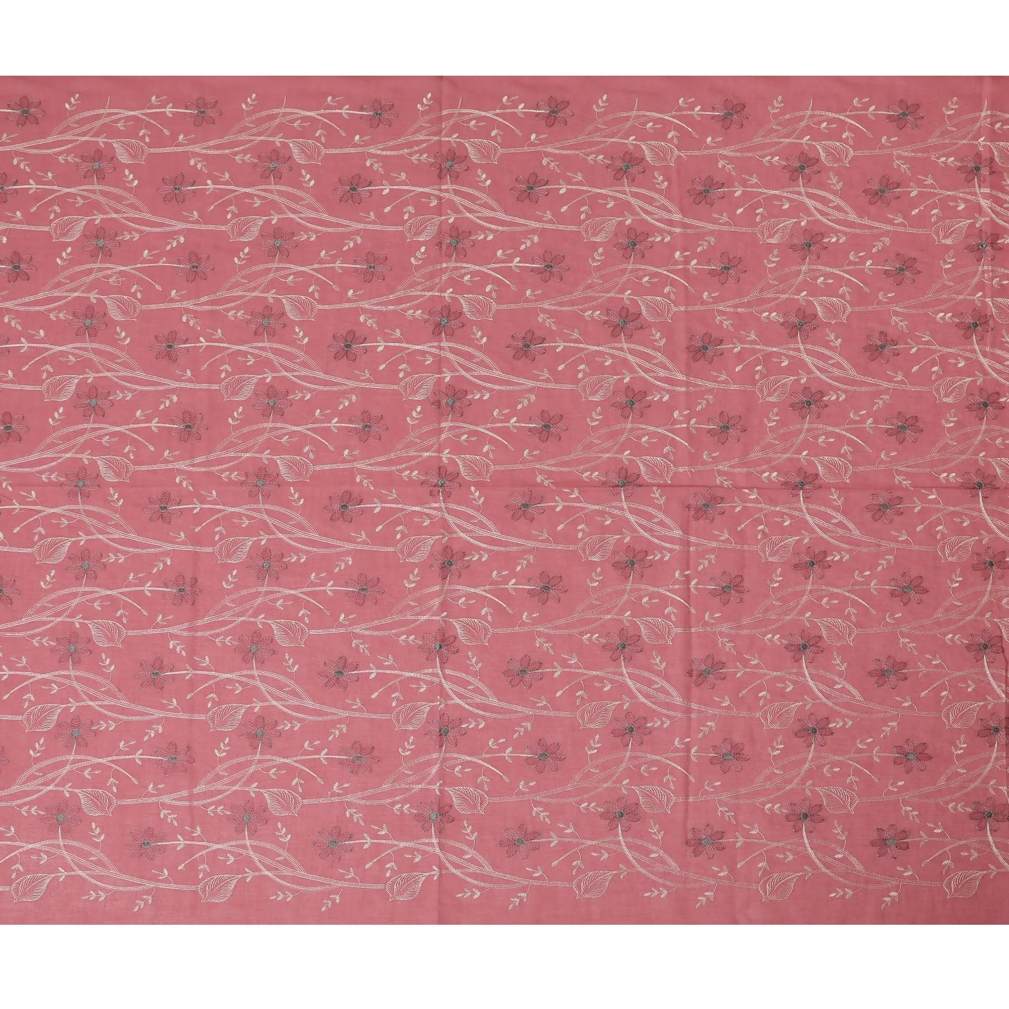 Rosewood Breeze Embroidered Cotton Lawn Fabric - Dusty Rose with Silver Floral Patterns, 110cm Width-D18755