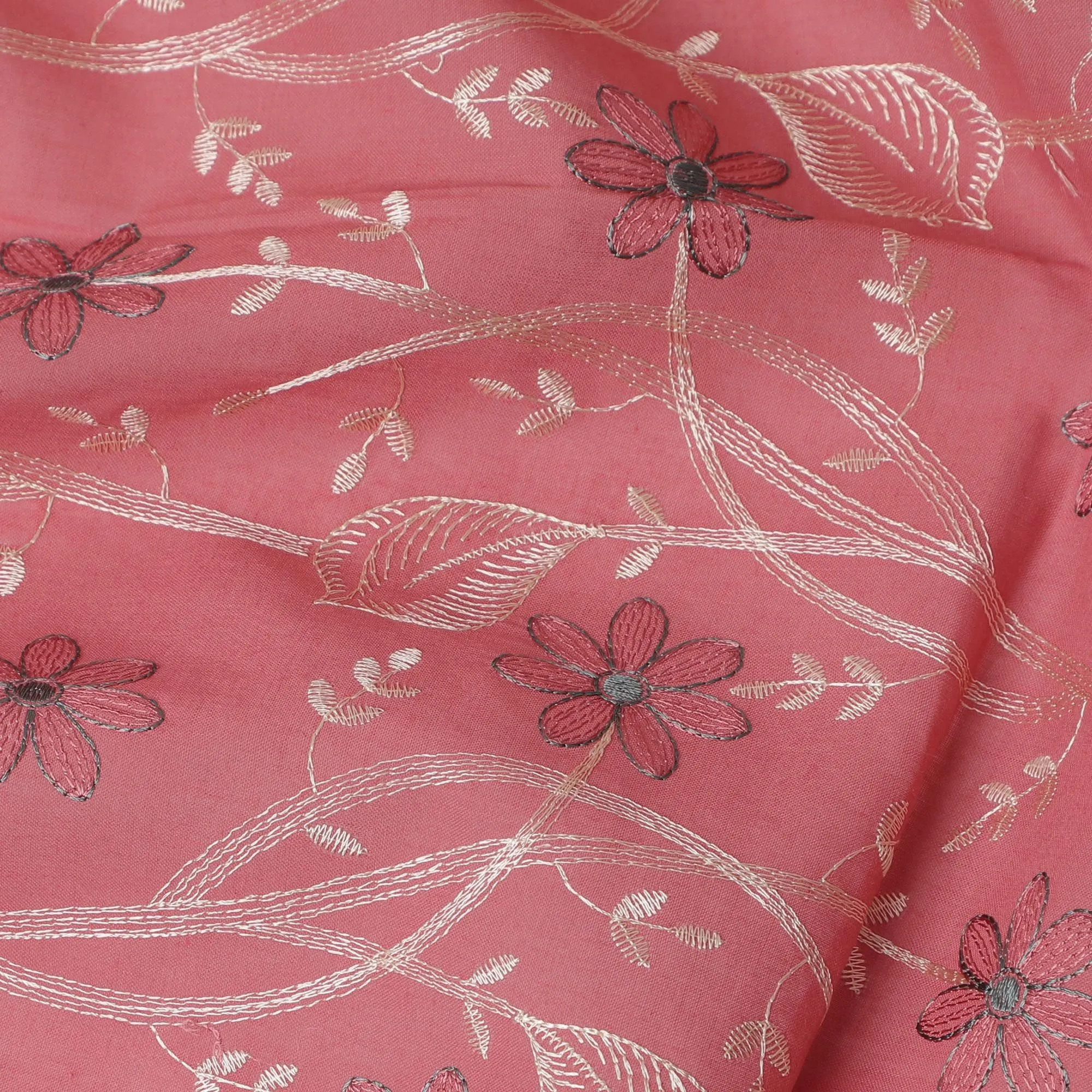 Rosewood Breeze Embroidered Cotton Lawn Fabric - Dusty Rose with Silver Floral Patterns, 110cm Width-D18755