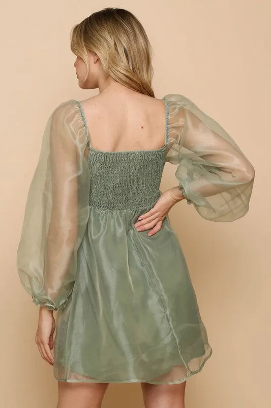 Sage Organza Puff Baydoll Mini Dress