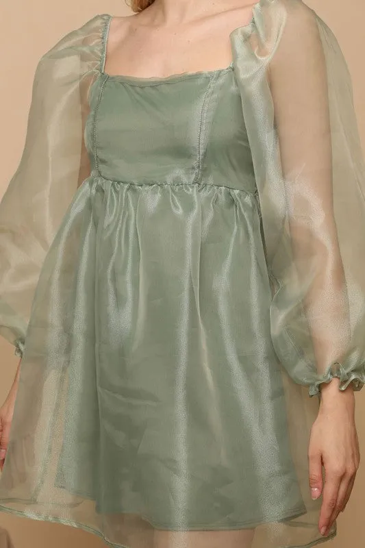 Sage Organza Puff Baydoll Mini Dress