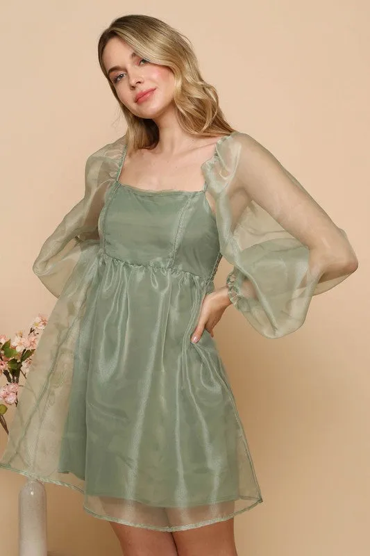 Sage Organza Puff Baydoll Mini Dress