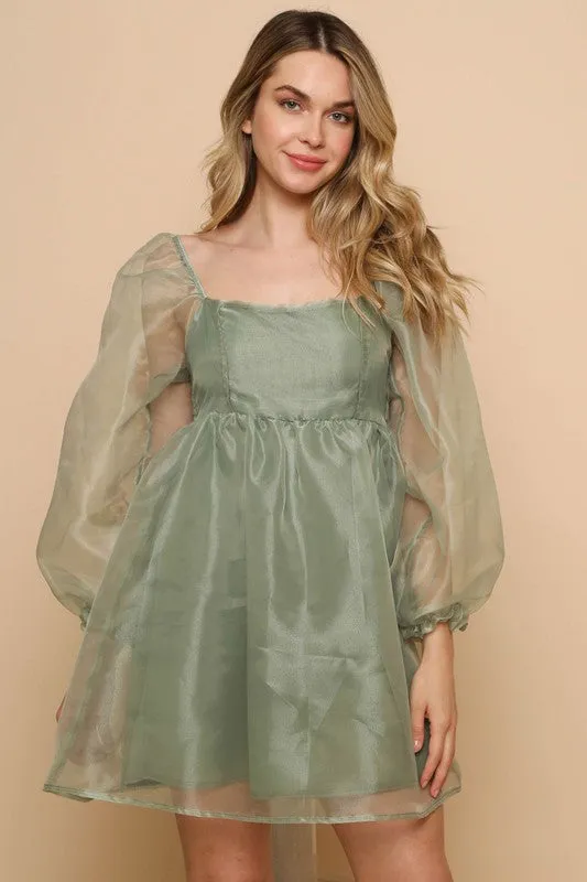 Sage Organza Puff Baydoll Mini Dress