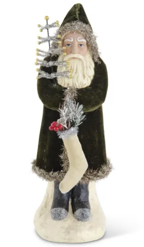 Santa w/ Dark Green Coat Holding Tree & Stocking