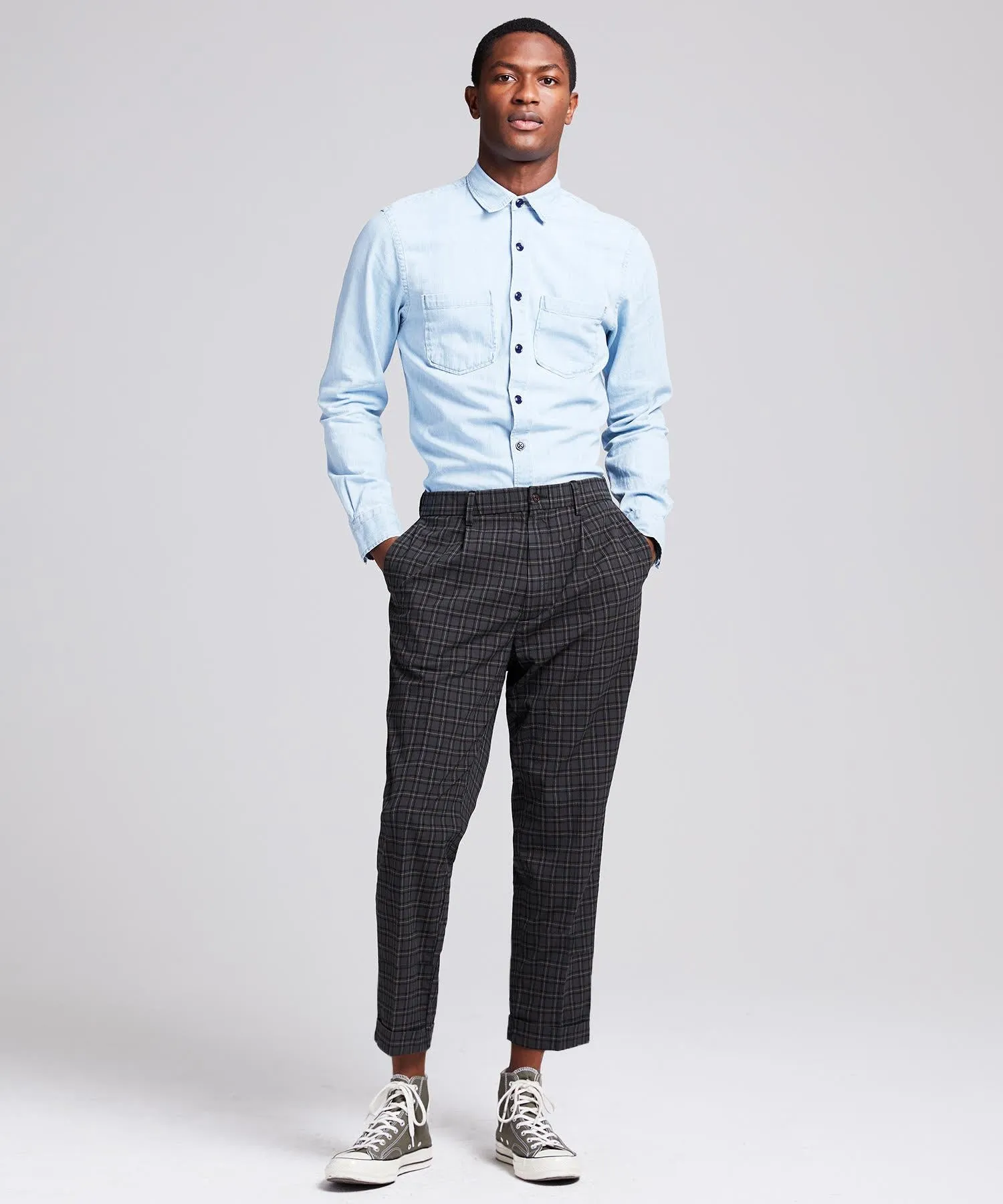 Seersucker Tartan Pleated Relaxed Trouser