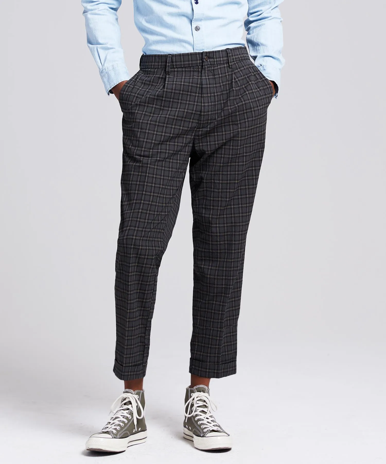 Seersucker Tartan Pleated Relaxed Trouser