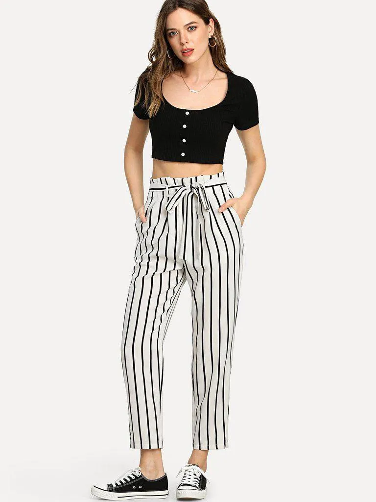 Self Tie Waist Striped Tapered Pants