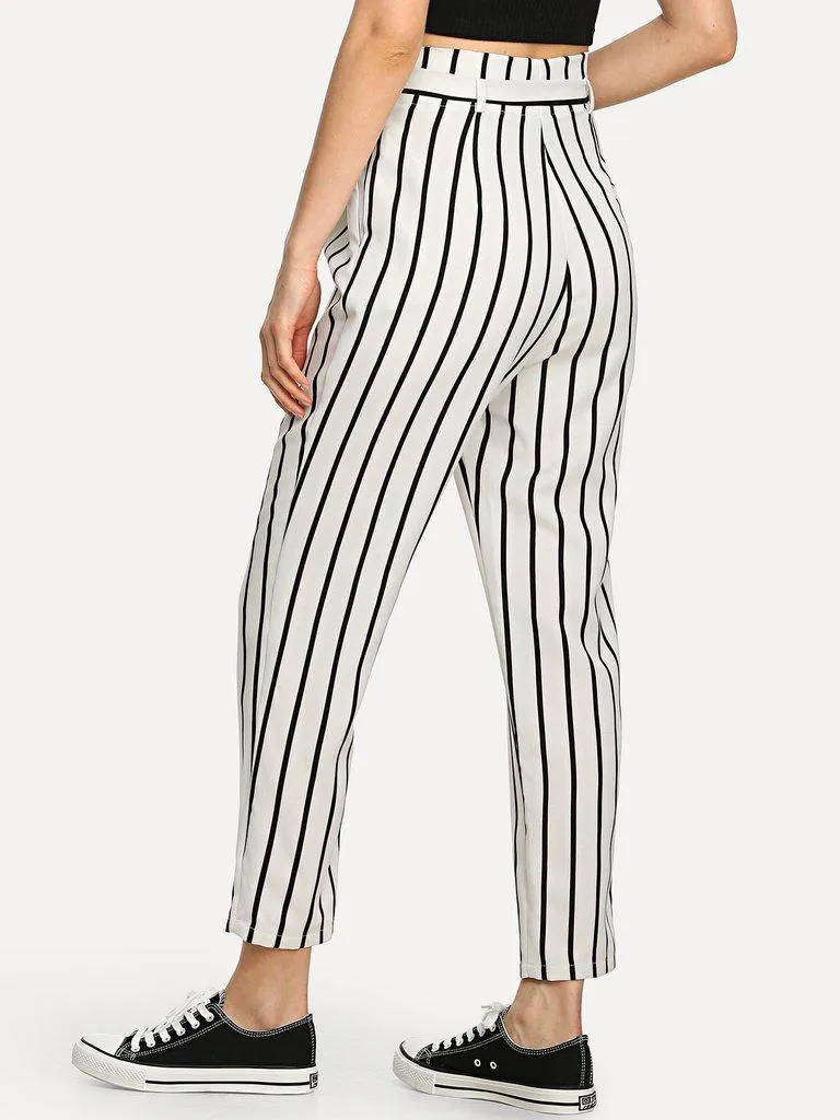 Self Tie Waist Striped Tapered Pants