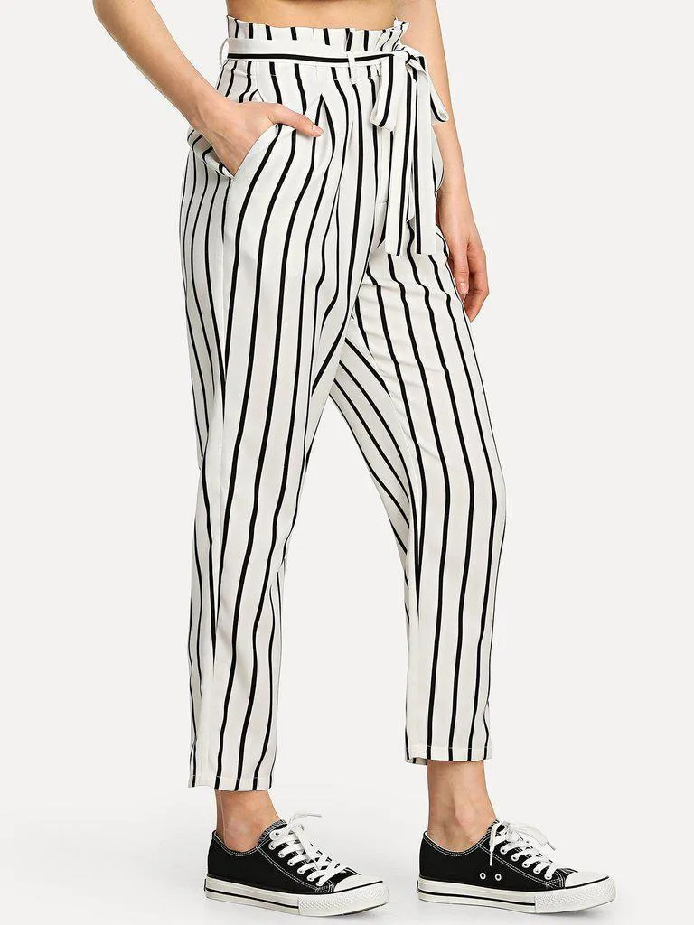 Self Tie Waist Striped Tapered Pants