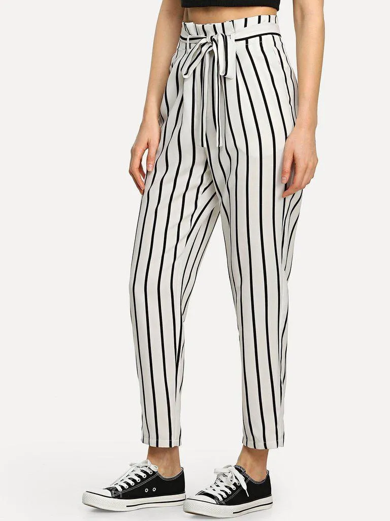 Self Tie Waist Striped Tapered Pants