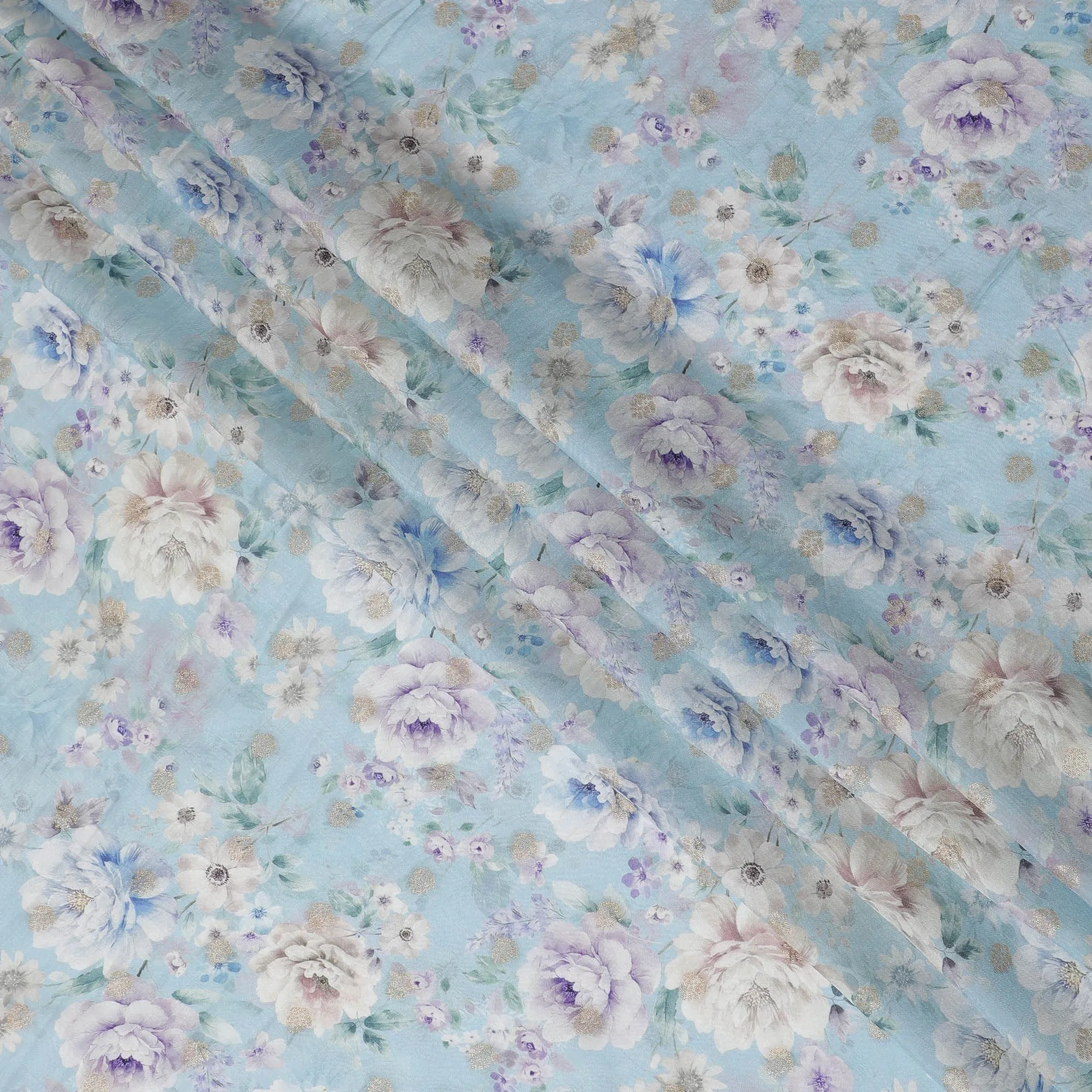 Serene Sky Blue Viscose Crepe Fabric with Floral Print, 110cm Wide â€“ Delicate Daydream-D18407