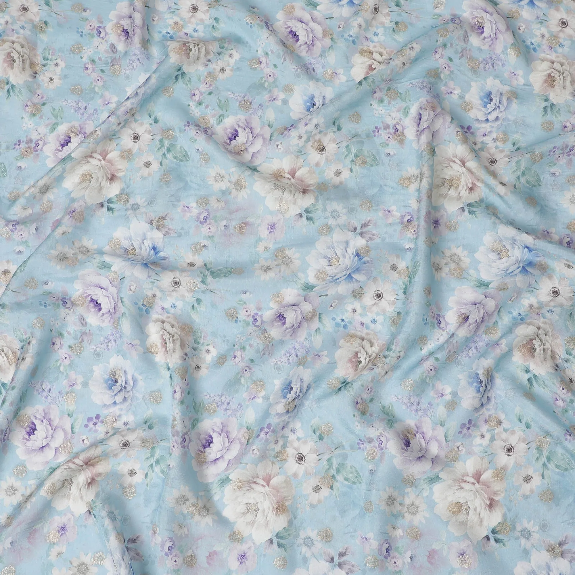 Serene Sky Blue Viscose Crepe Fabric with Floral Print, 110cm Wide â€“ Delicate Daydream-D18407