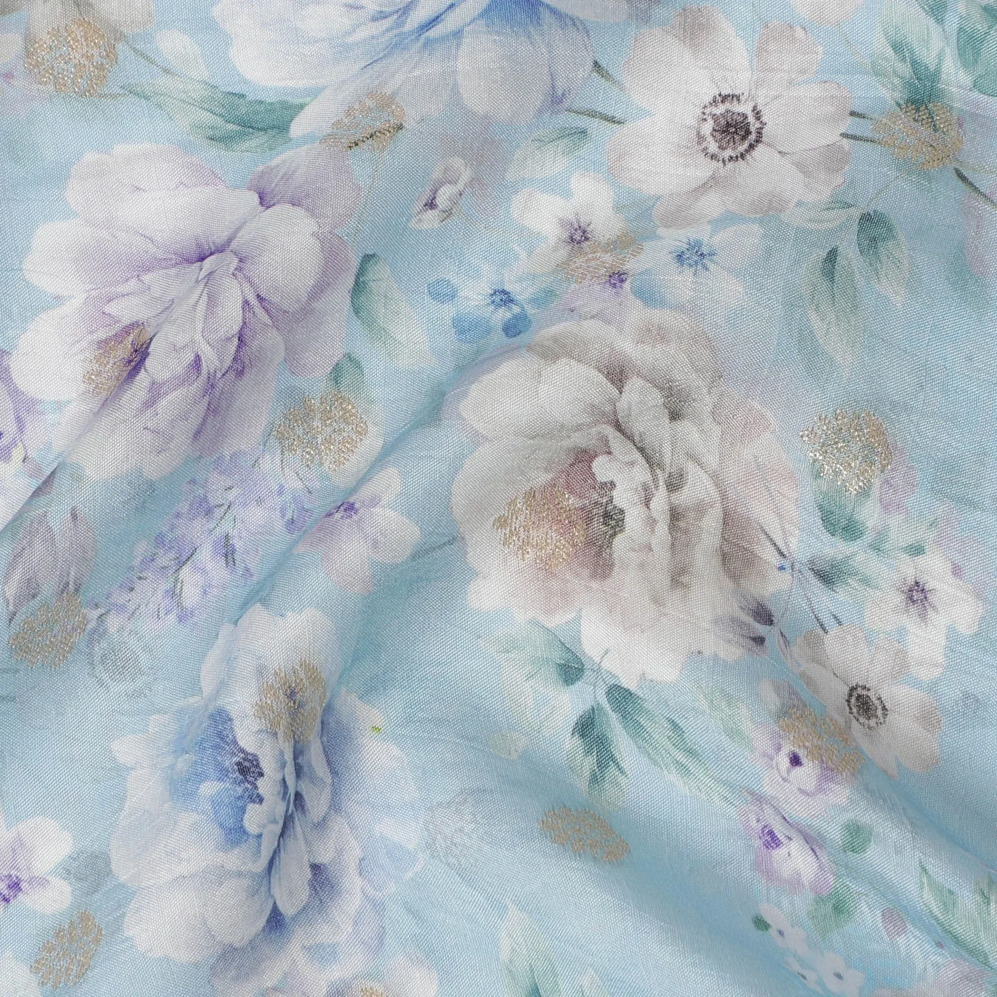 Serene Sky Blue Viscose Crepe Fabric with Floral Print, 110cm Wide â€“ Delicate Daydream-D18407