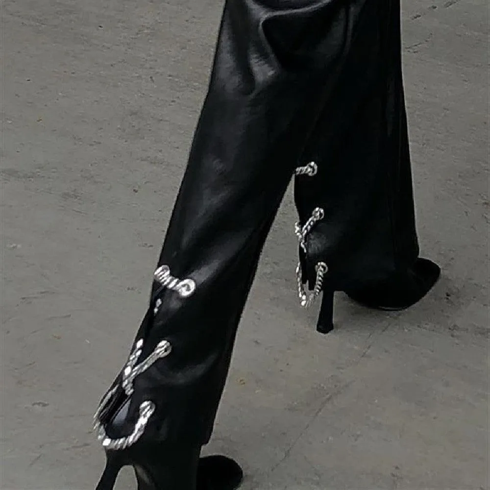 sexy Faux Leather Pants Trousers Split Chain Motorcycle Scale Pattern Loose High Waist Tooling Pants Female