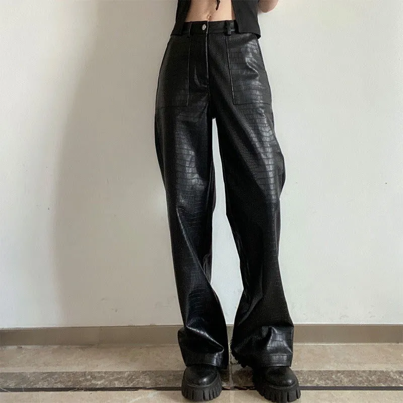 sexy Faux Leather Pants Trousers Split Chain Motorcycle Scale Pattern Loose High Waist Tooling Pants Female