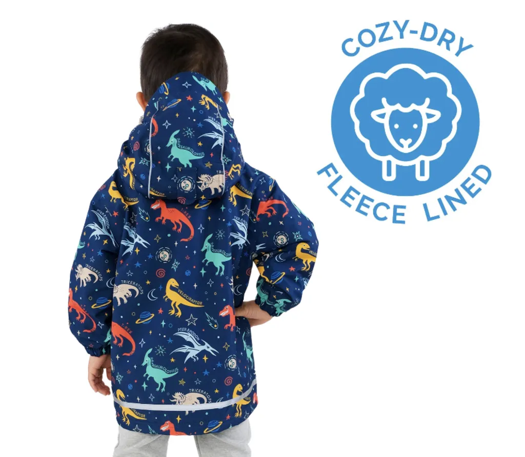 Size 3: Jan & Jul SPACE DINOS Cozy Dry Waterproof Fleece Lined Zip Up Raincoat NEW