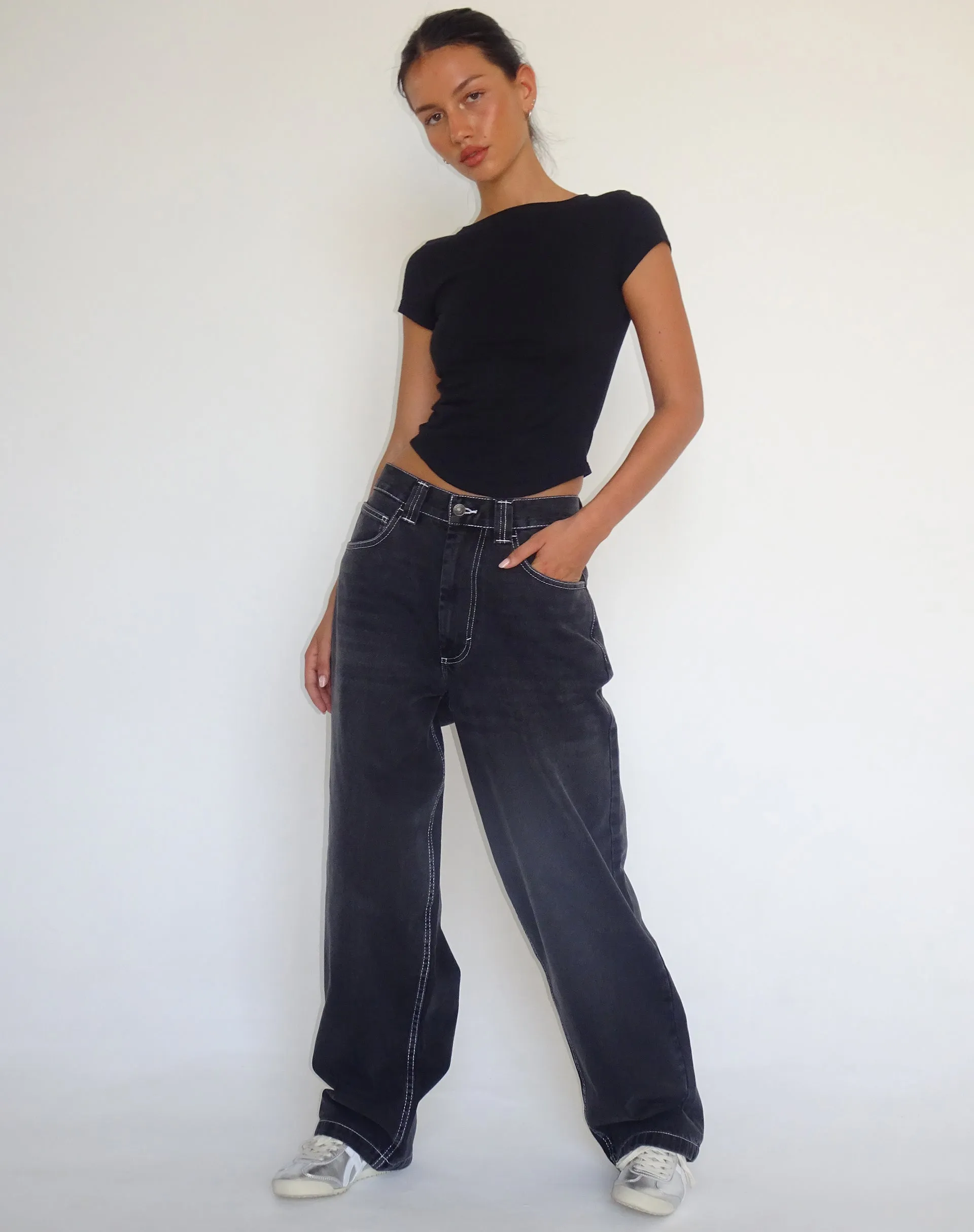 Skater Low Rise Jean in Vintage Black with White Top Stitch