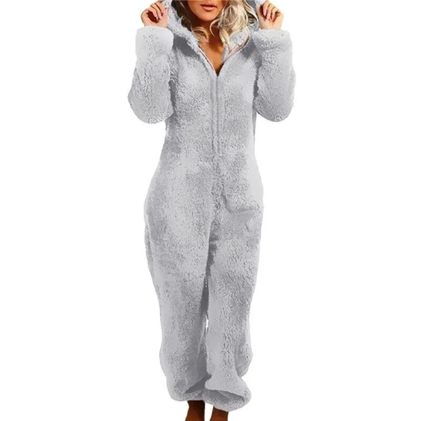 Sleepwear Autumn Winter Fleece Jumpsuit Women Loose Fluffy Fur  Ladies Warm Zip Up Romper Playsuits Loungewear Pajama