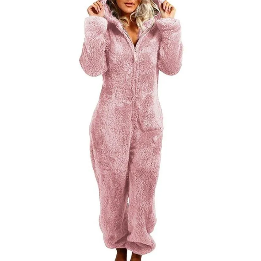 Sleepwear Autumn Winter Fleece Jumpsuit Women Loose Fluffy Fur  Ladies Warm Zip Up Romper Playsuits Loungewear Pajama