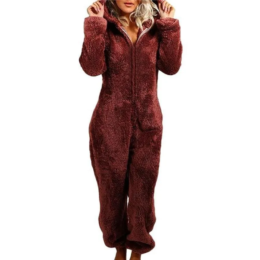 Sleepwear Autumn Winter Fleece Jumpsuit Women Loose Fluffy Fur  Ladies Warm Zip Up Romper Playsuits Loungewear Pajama