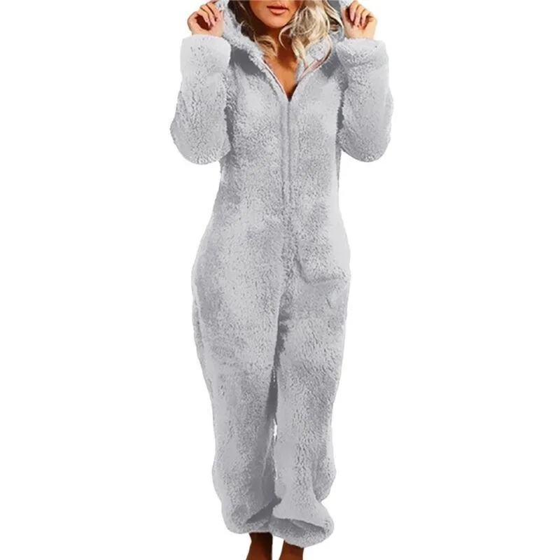 Sleepwear Womens Fleece Fluffy Fur Jumpsuit  Loose Zip Up Romper Playsuits Loungewear Winter Pajama