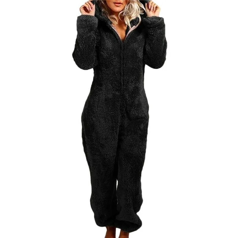 Sleepwear Womens Fleece Fluffy Fur Jumpsuit  Loose Zip Up Romper Playsuits Loungewear Winter Pajama