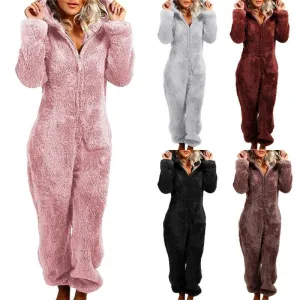 Sleepwear Womens Fleece Fluffy Fur Jumpsuit  Loose Zip Up Romper Playsuits Loungewear Winter Pajama