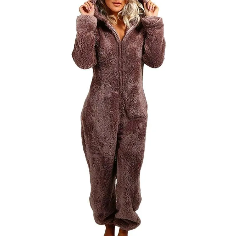 Sleepwear Womens Fleece Fluffy Fur Jumpsuit  Loose Zip Up Romper Playsuits Loungewear Winter Pajama