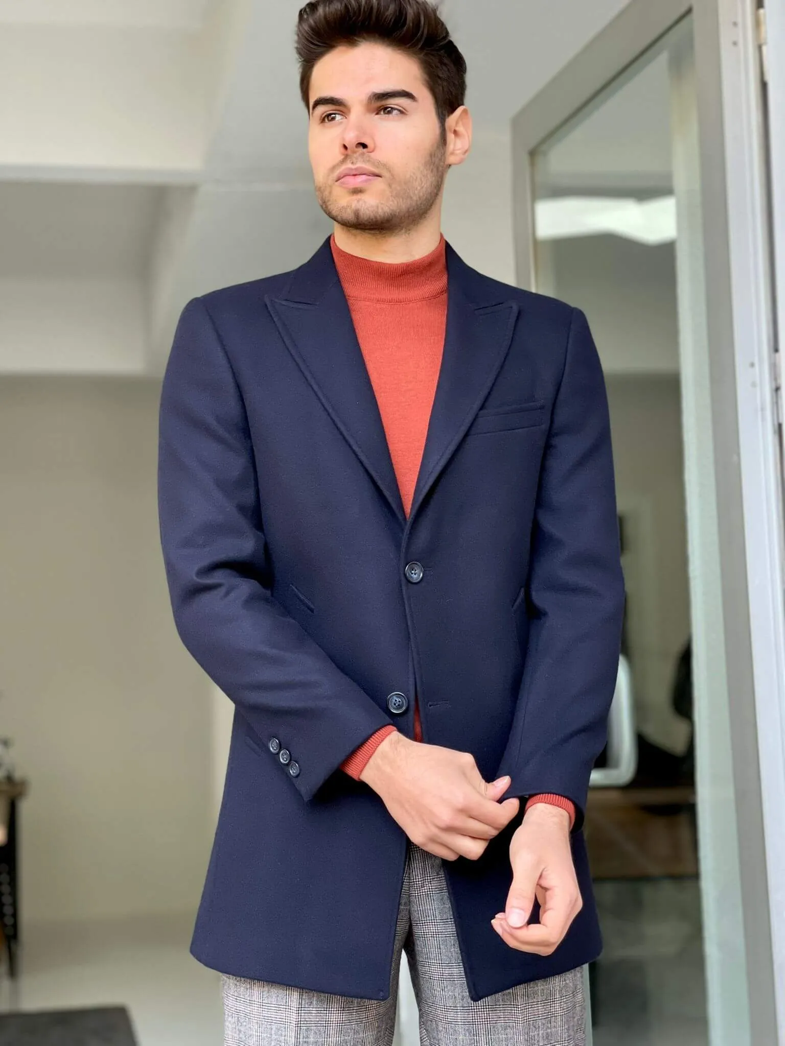 Slim Fit Navy Blue Wool Coat