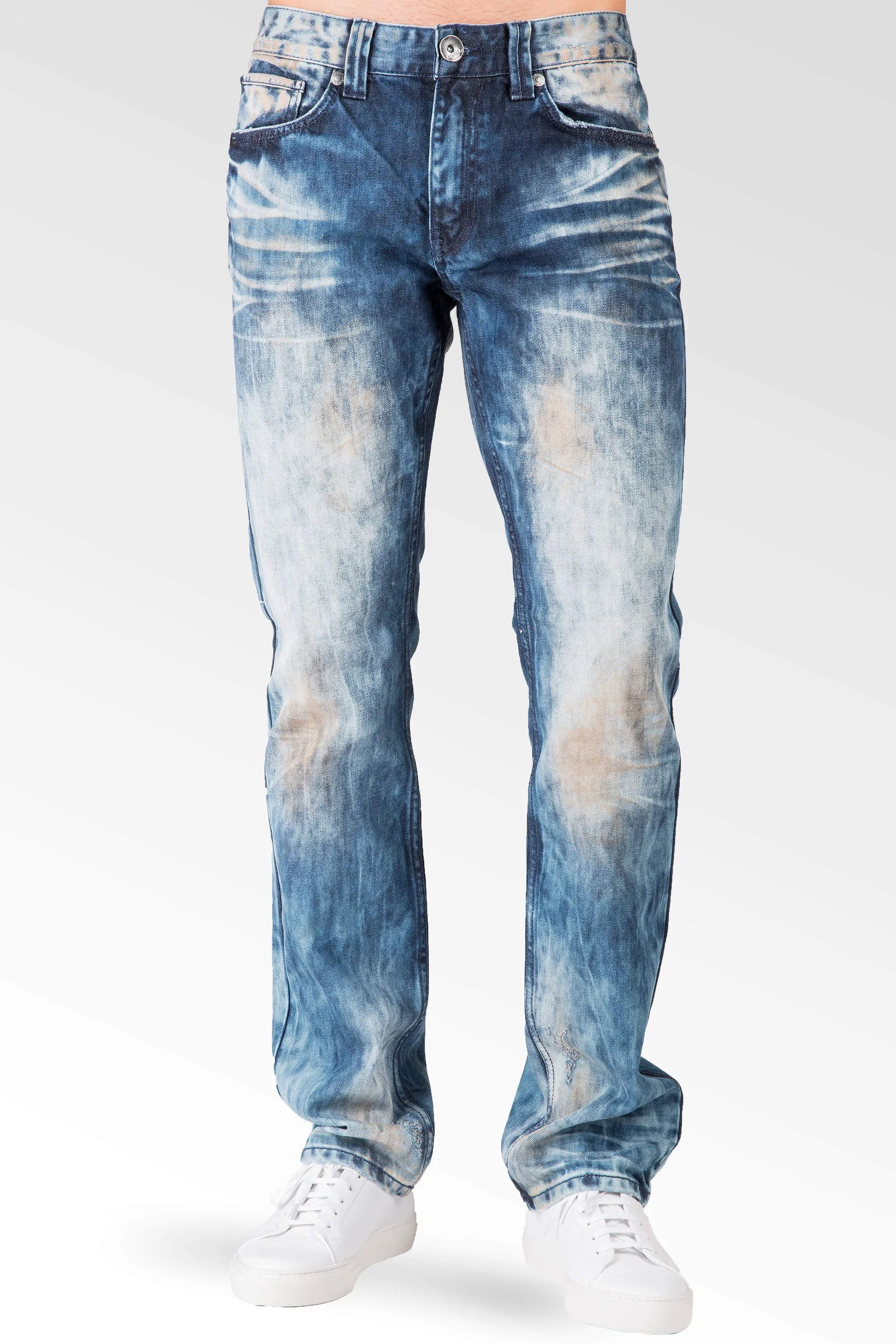 Slim Straight Medium Blue Premium Denim Signature 5 Pocket Jeans Bleached Prism Wash