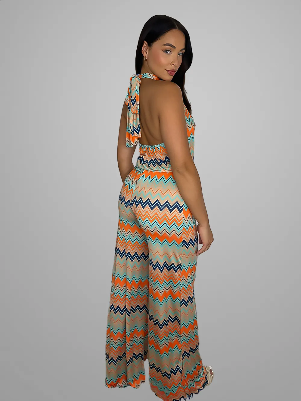 Slinky Tie Halter Neck Vibrant Pattern Jumpsuit