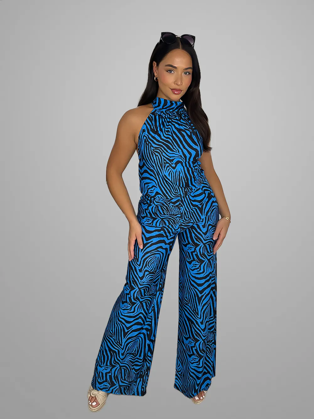 Slinky Tie Halter Neck Vibrant Pattern Jumpsuit