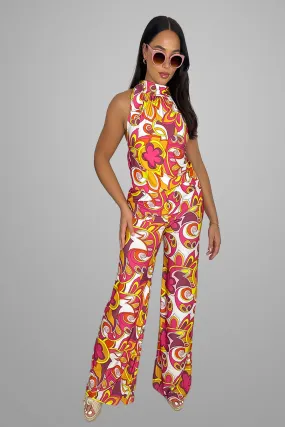 Slinky Tie Halter Neck Vibrant Pattern Jumpsuit